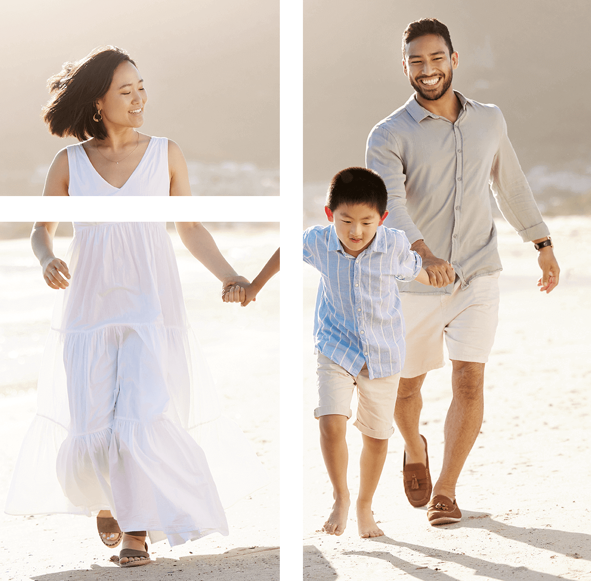 Family enjoying a beach getaway, smiling while walking hand in hand, embodying joyful travel experiences and family adventures.