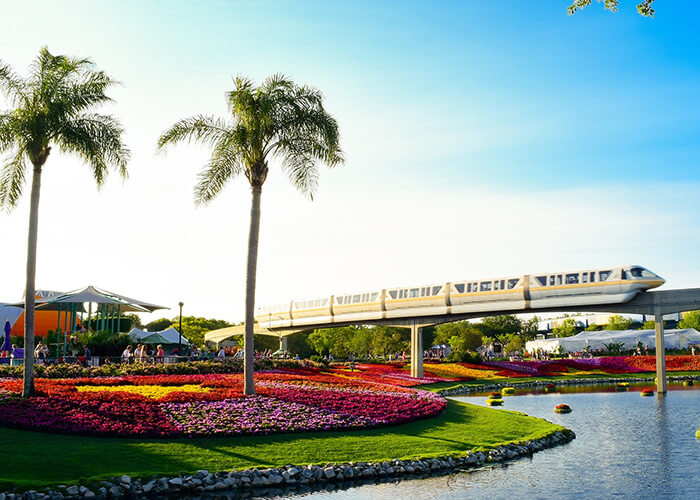 Monorail train traveling through vibrant flower gardens at Walt Disney World in Orlando, showcasing the park's lush landscapes and attractions.