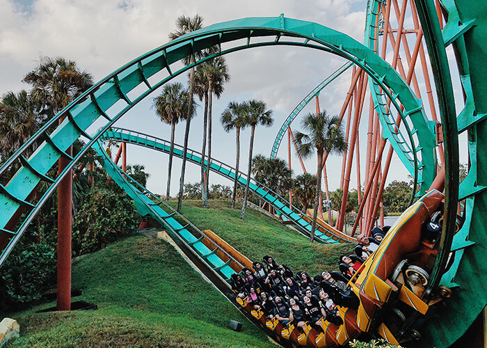 Roller coaster with riders experiencing excitement on a twisting track surrounded by palm trees in a theme park setting.