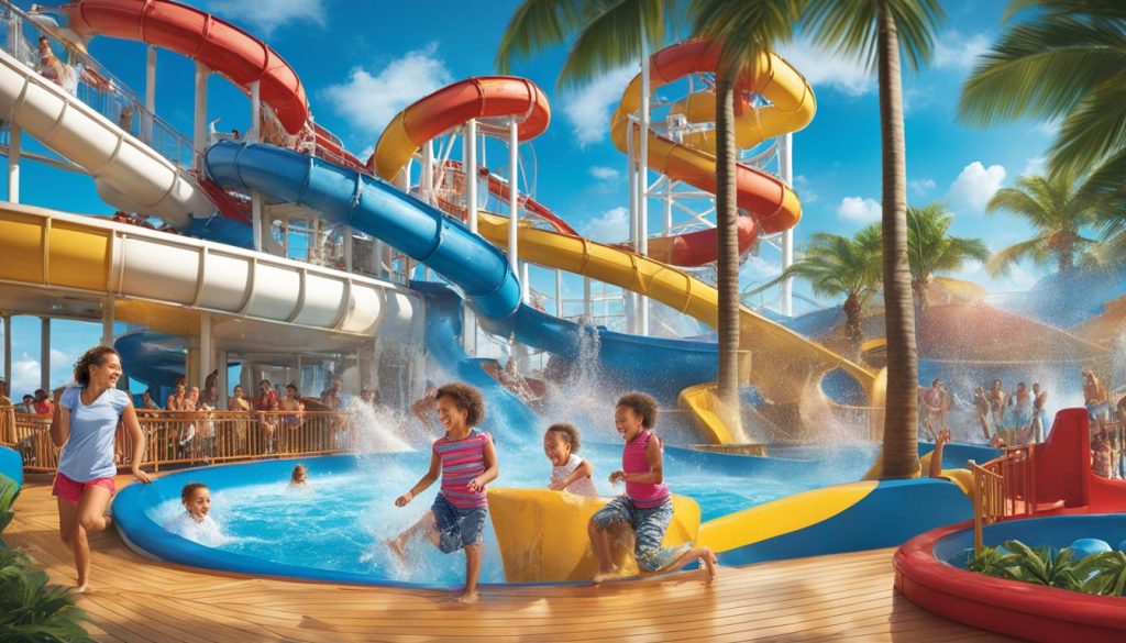 Children playing and splashing in a water park area with colorful slides on a Carnival Cruise Line ship, surrounded by palm trees and a sunny sky, showcasing family-friendly activities and fun vacation experiences.