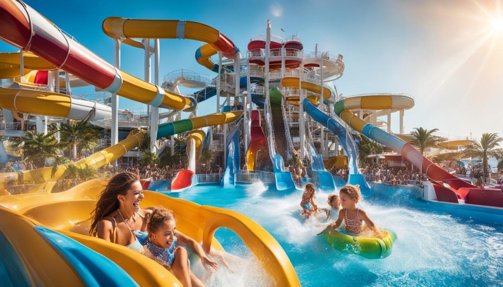 Family enjoying water slides at MSC Cruises' vibrant water park, featuring colorful slides and a sunny atmosphere, perfect for fun and adventure during family vacations.