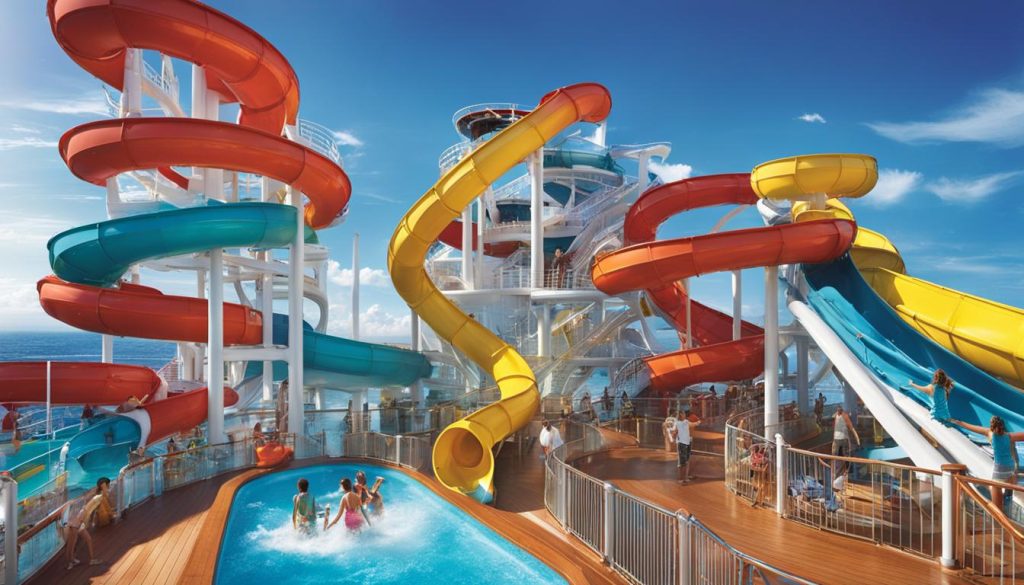 Colorful water slides and a pool area on a Norwegian Cruise Line ship, featuring families enjoying the attractions and a sunny sky.