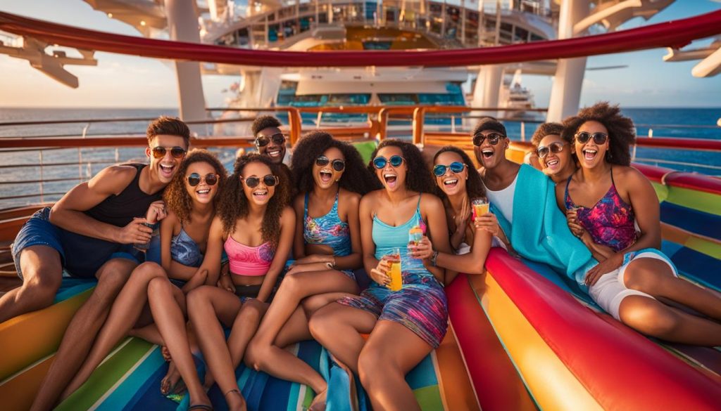 Group of young adults enjoying a fun moment on a cruise ship, wearing sunglasses and swimwear, surrounded by vibrant seating, with drinks in hand, against a backdrop of the ocean and cruise amenities, highlighting social activities and family-friendly atmosphere.