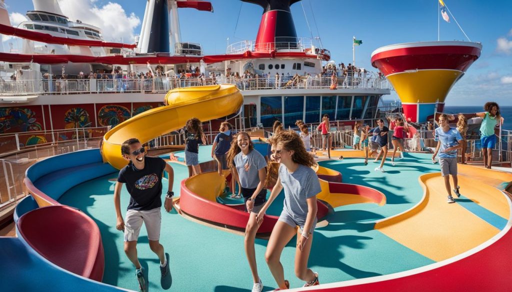 Children enjoying colorful water slides and play areas on a Carnival cruise ship, highlighting fun activities for teens.