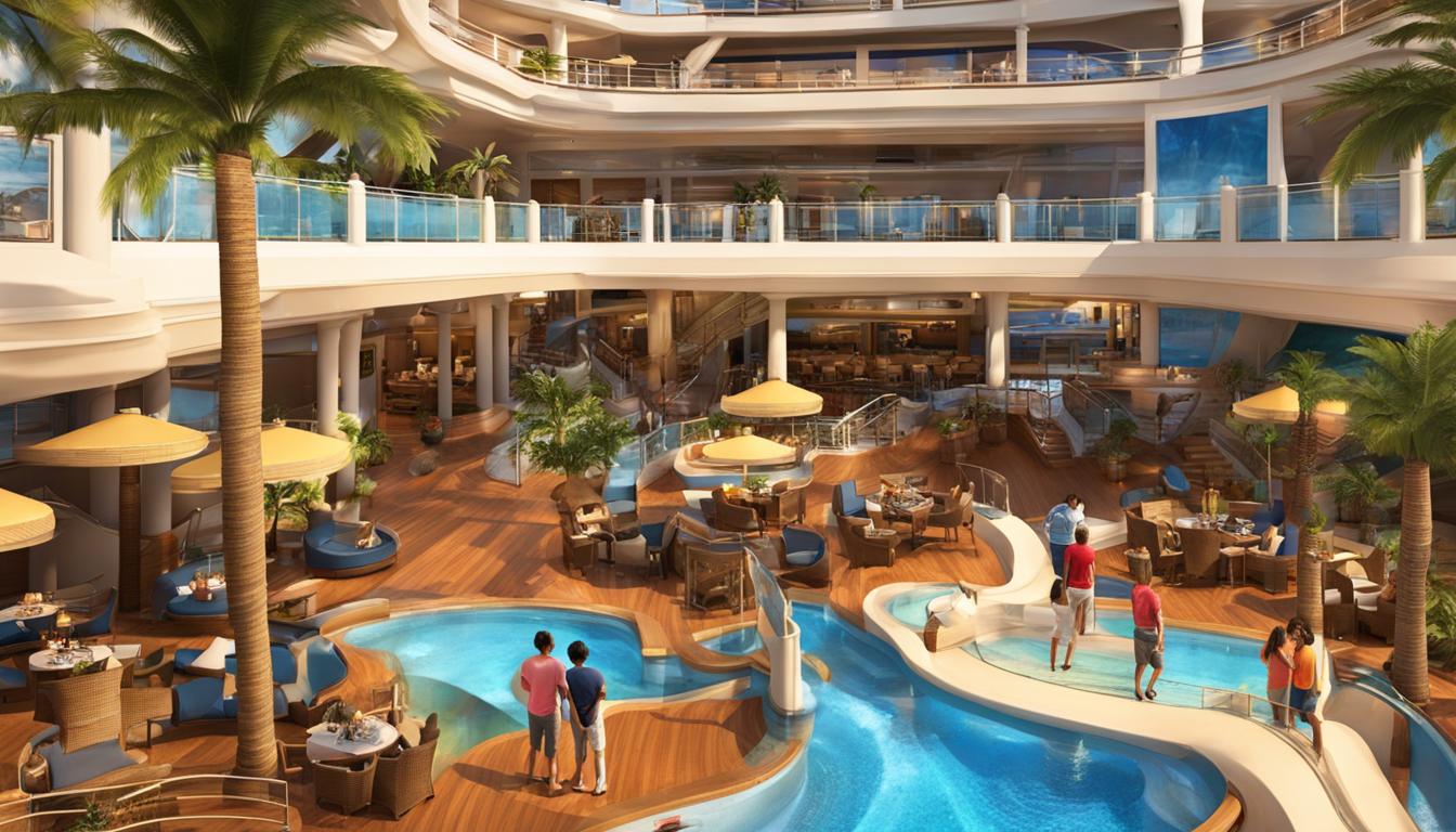Luxurious cruise ship interior featuring a vibrant pool area, palm trees, and family-friendly seating, ideal for creating memorable vacations with teens.