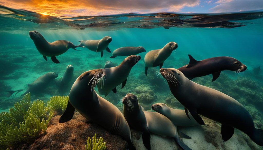 Playful sea lions swimming in crystal-clear waters, surrounded by vibrant coral, representing family-friendly activities in the Galapagos Islands.