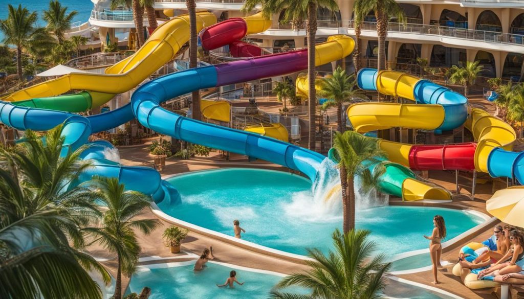 Colorful water slides and a swimming pool at a family-friendly cruise ship resort, featuring palm trees and guests enjoying the sun.