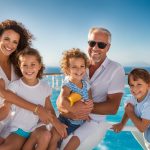 Family enjoying a Disney cruise, smiling together by a pool with ocean view, highlighting family-friendly vacation experiences.
