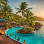 Tropical resort pool with families enjoying water activities, palm trees, and sunset views, ideal for all-inclusive family cruises in 2024.