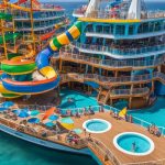 Colorful water slides and pools on a family-friendly cruise ship, showcasing amenities for children and families.