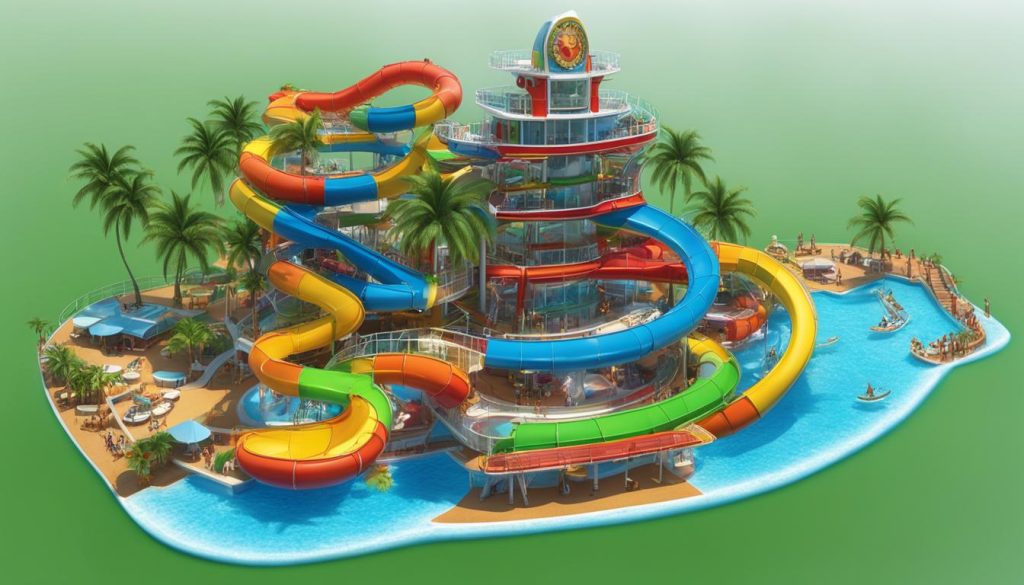 cruise line with water parks Colorful water slides and pools at a Carnival Cruise Line water park, showcasing family-friendly aquatic fun and amenities.