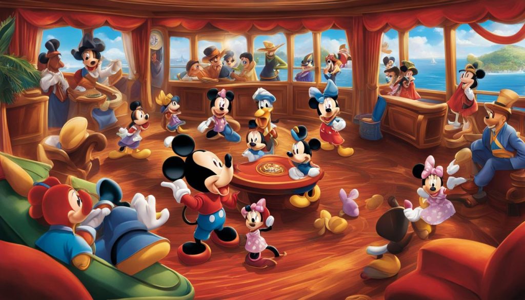 Mickey Mouse and friends in a lively indoor setting on a Disney cruise, engaging in fun activities and socializing, with a vibrant ocean view in the background.