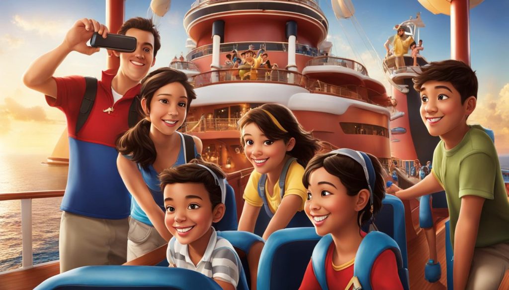 Group of teens enjoying a fun moment on a cruise ship deck, with the Disney Fantasy in the background, capturing memories while participating in family-friendly activities.