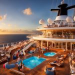 Cruise ship deck featuring pools and lounging areas, ideal for family-friendly vacations and teenage activities at sunset.