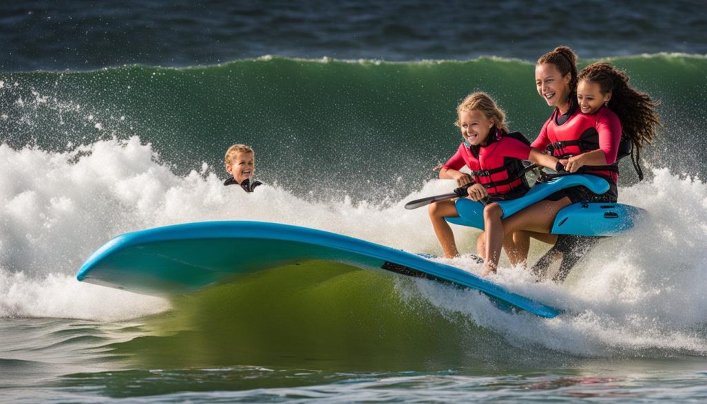 family-friendly cruise activities Family enjoying water sports on a surfboard, riding waves, showcasing fun cruise activities for kids and parents.