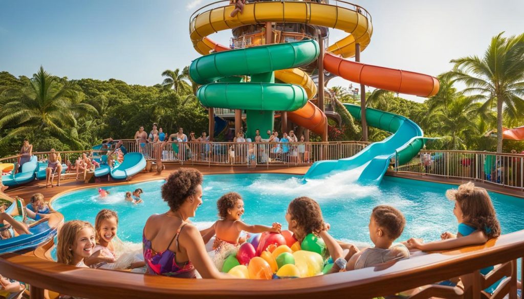 Family enjoying colorful water slides and a pool at a family-friendly cruise resort, surrounded by lush greenery and other guests engaging in water activities.