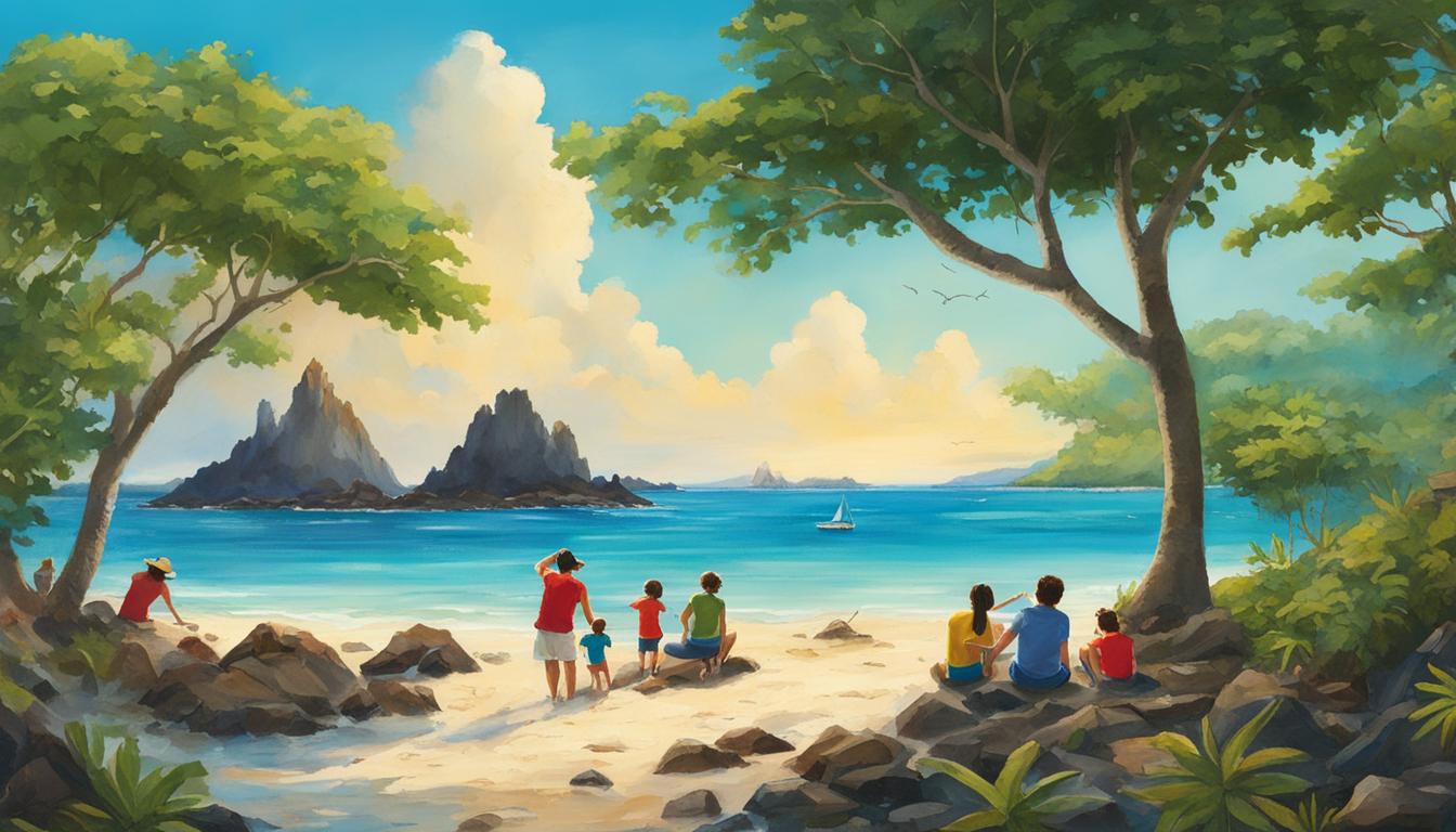 Family enjoying a beach view in the Galapagos Islands, surrounded by lush greenery and rocky shoreline, ideal for family vacations and nature exploration.