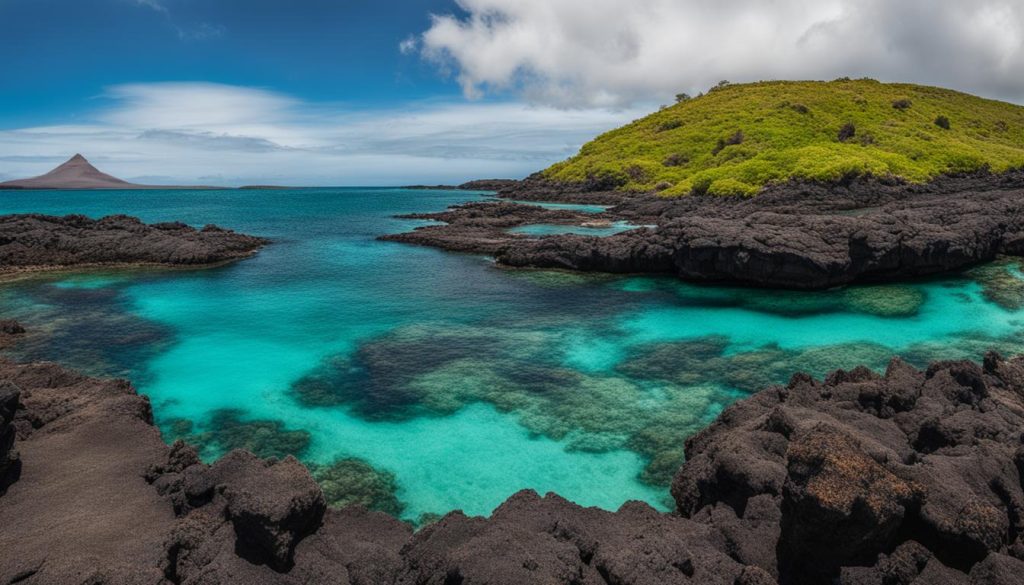 Galapagos Islands landscape featuring volcanic rock formations, turquoise waters, and lush greenery, ideal for family-friendly activities and exploration.
