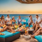 Group of friends enjoying a vibrant sunset gathering on a cruise ship deck, surrounded by tropical scenery, with food and drinks, highlighting the social and family-friendly atmosphere of cruise vacations.