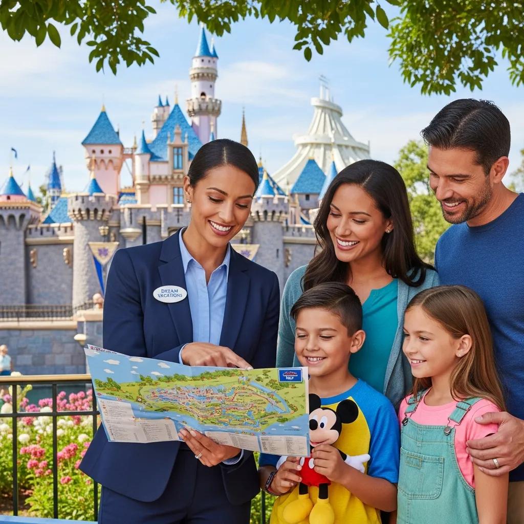 Disney travel agent assisting a family with park itinerary planning at Disney park.