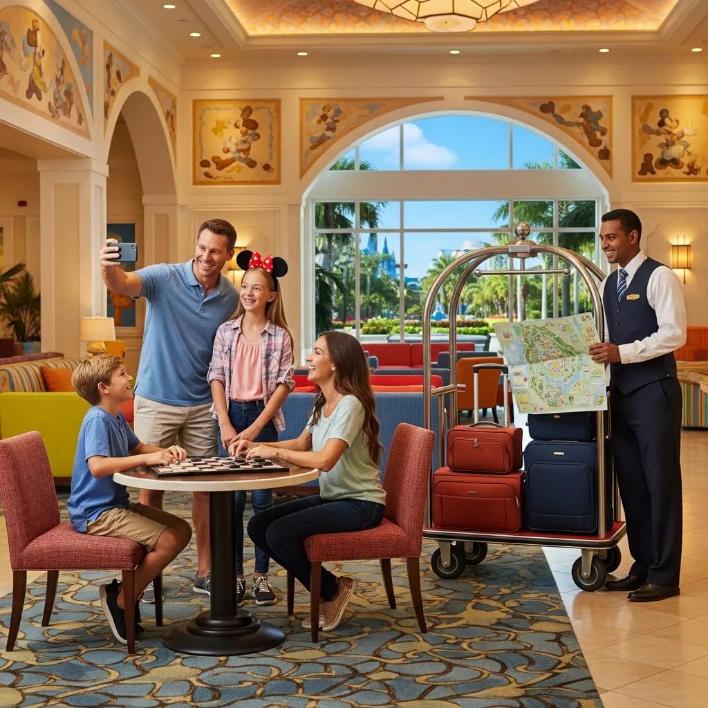Family enjoying a stress-free Disney resort vacation with concierge assistance and luggage support.