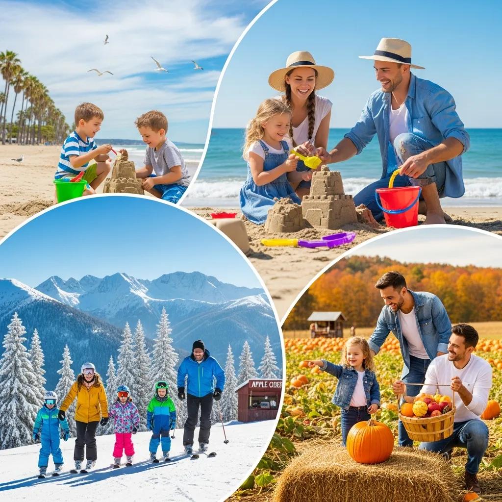 Family travel experiences across seasons: beach, winter snow, spring flowers, and fall harvest activities.
