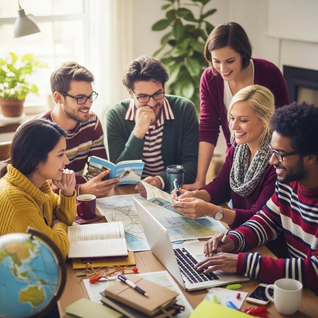 Group of travelers planning a budget trip with maps, laptop, and travel guides.