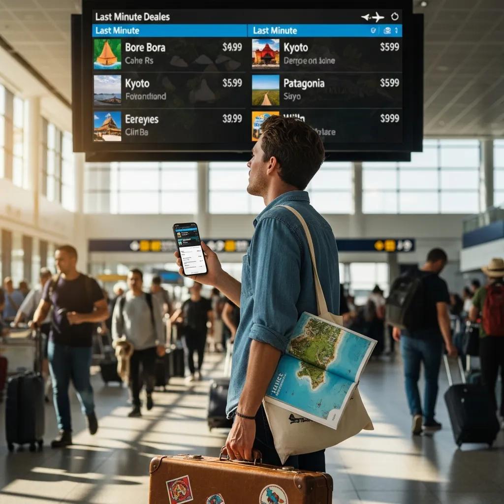 Man at airport browsing last-minute travel deals on screen and phone, holding travel map and suitcase.