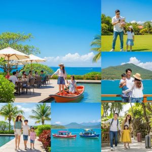 Vibrant travel scene at a popular destination during peak season with families enjoying outdoor activities