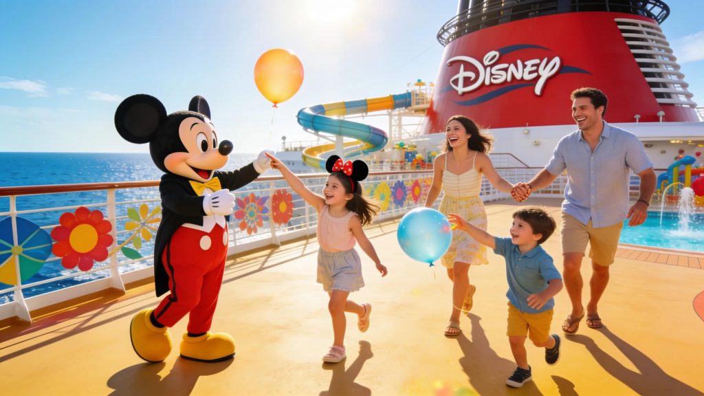 Happy family enjoying a magical Disney cruise experience on deck with vibrant surroundings