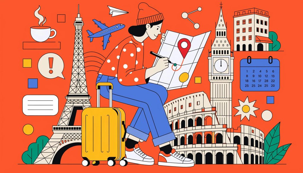 Traveler planning a custom European itinerary with iconic landmarks in the background