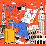 Traveler planning a custom European itinerary with iconic landmarks in the background