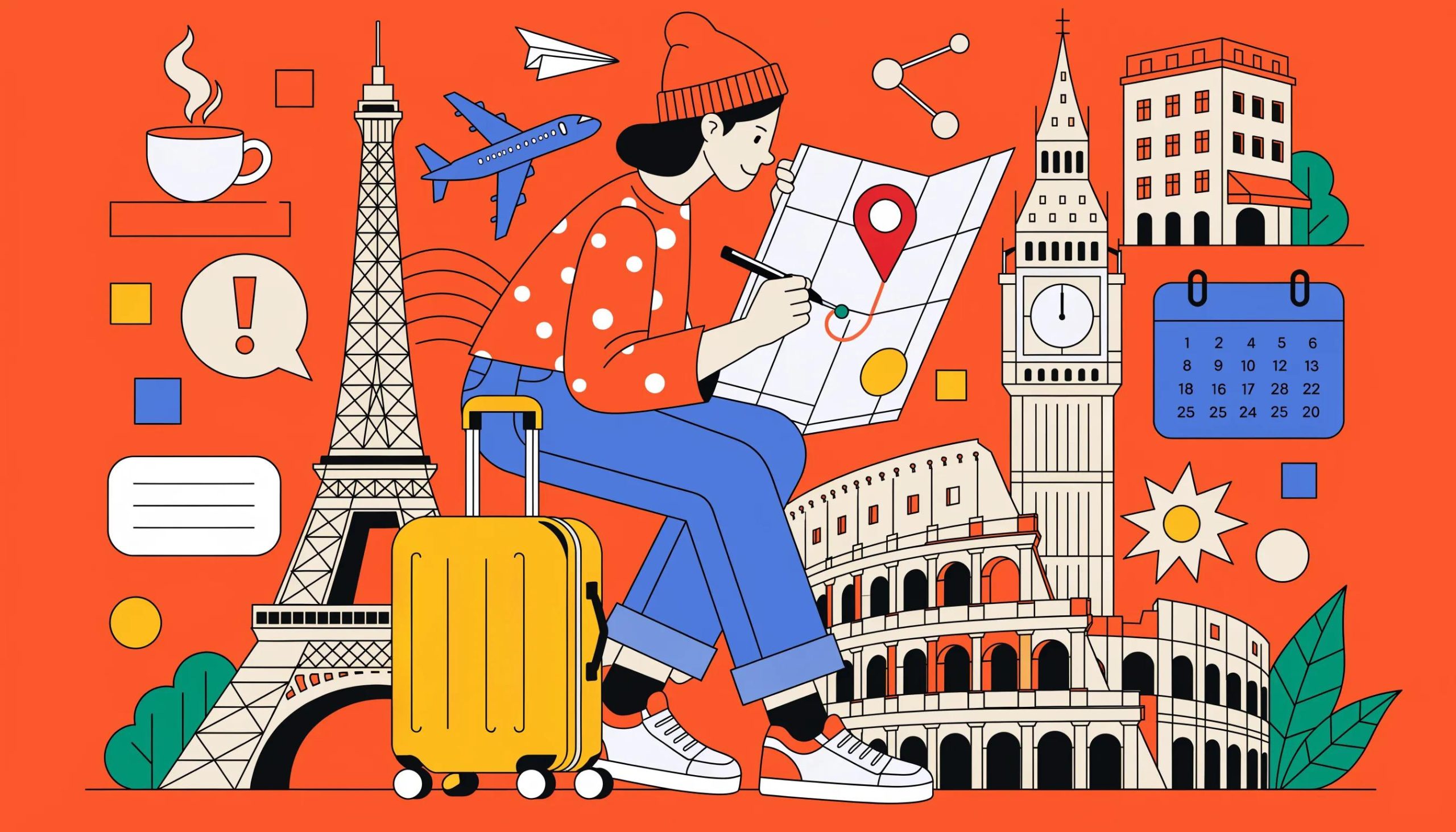 Traveler planning a custom European itinerary with iconic landmarks in the background