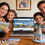 Family planning a Disney vacation with travel materials and a laptop.