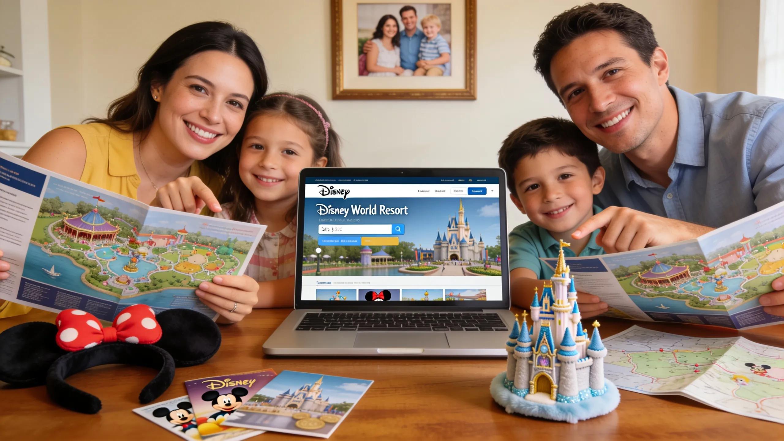 Family planning a Disney vacation with travel materials and a laptop.