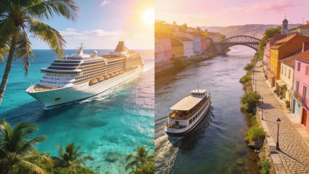 Ocean cruise ship and river cruise boat contrasting travel styles in a scenic view
