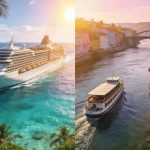 Ocean cruise ship and river cruise boat contrasting travel styles in a scenic view