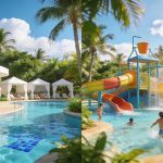 A vibrant scene comparing adults-only and family luxury all-inclusive resorts, highlighting relaxing and active vacation atmospheres