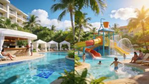 A vibrant scene comparing adults-only and family luxury all-inclusive resorts, highlighting relaxing and active vacation atmospheres