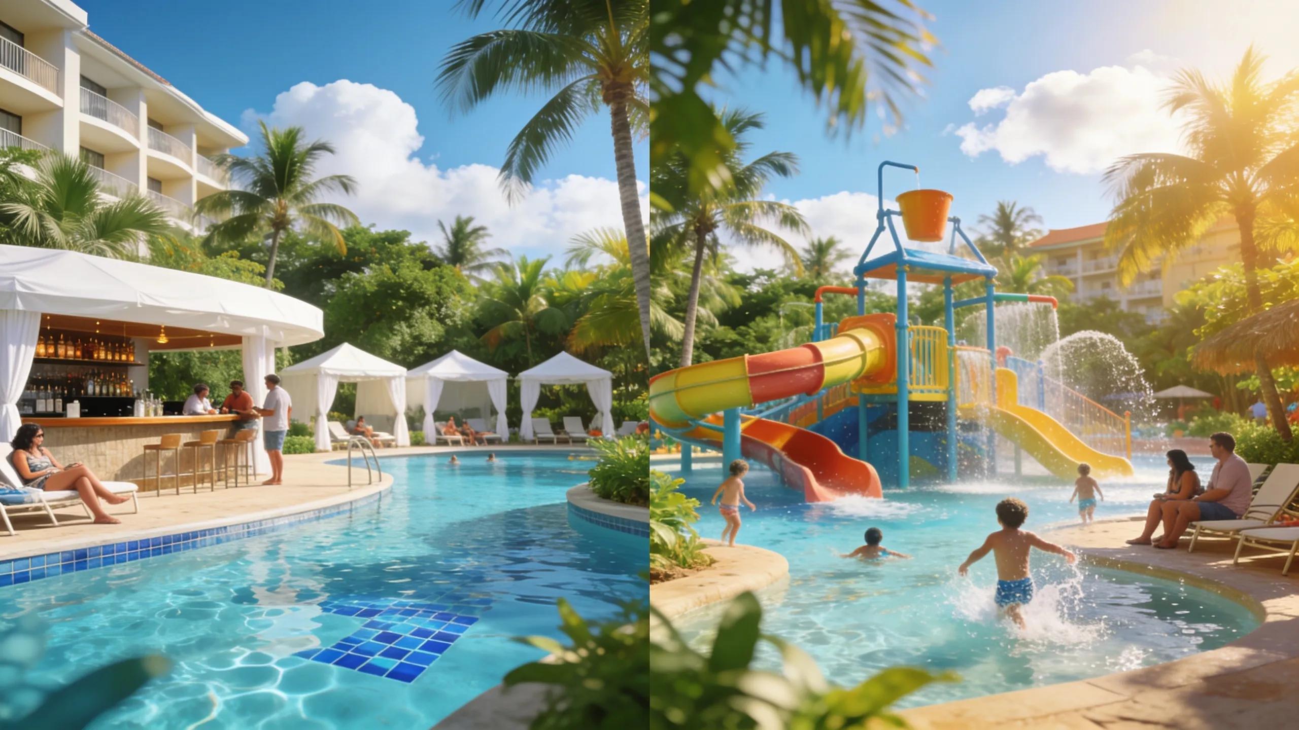 A vibrant scene comparing adults-only and family luxury all-inclusive resorts, highlighting relaxing and active vacation atmospheres