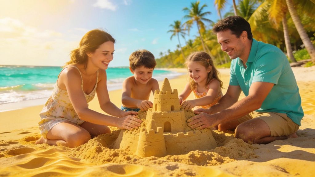 Family enjoying a sunlit Caribbean beach, engaging in sandcastle building