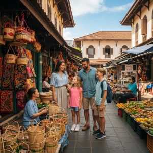 Family engaging in cultural travel, exploring local market with children learning about diverse cultures