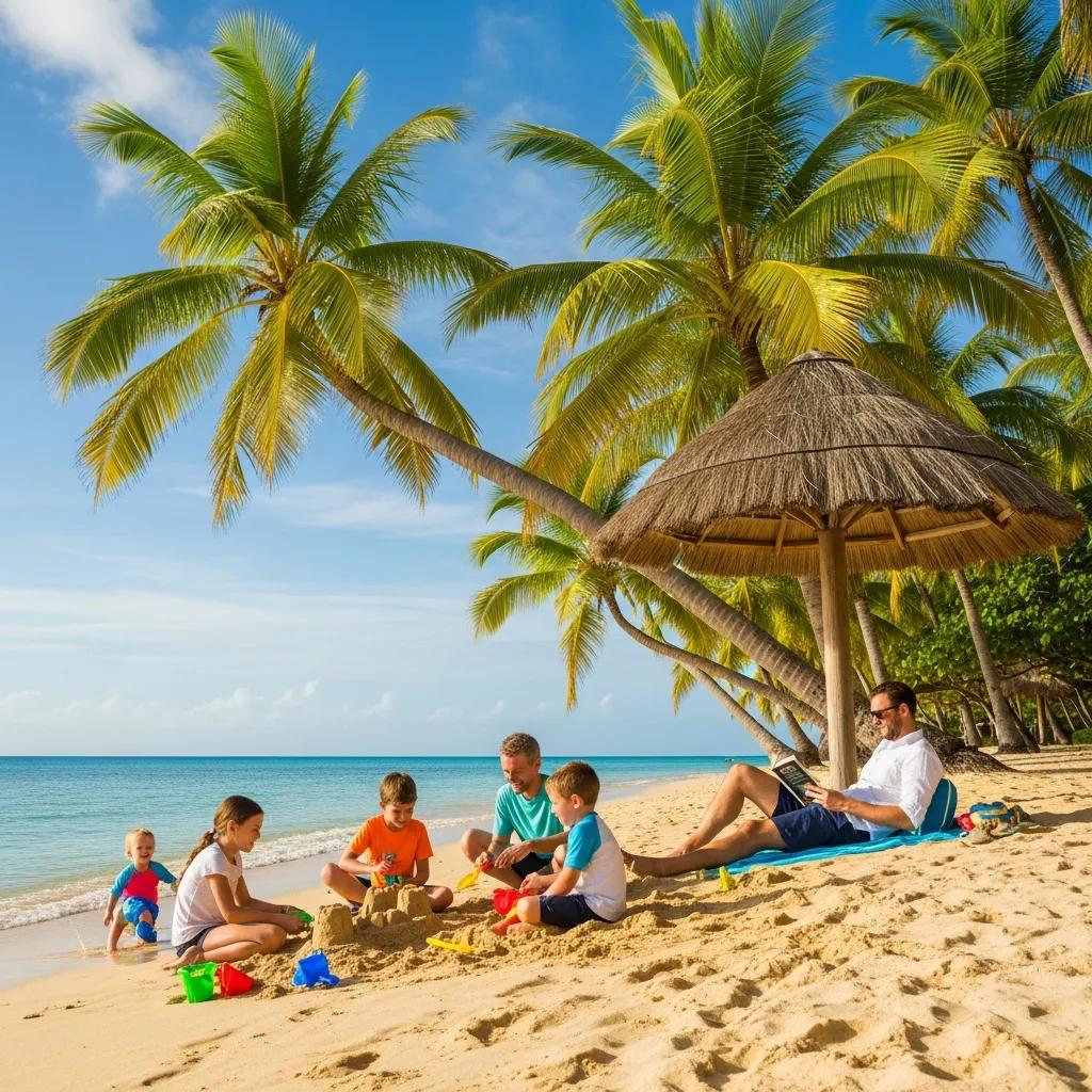 Family enjoying a stress-free beach vacation, highlighting custom travel experiences