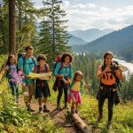 Family enjoying outdoor adventure travel in a scenic landscape