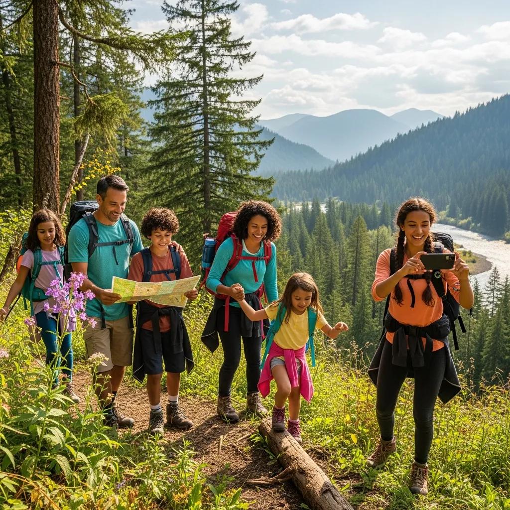Family enjoying outdoor adventure travel in a scenic landscape