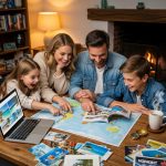 Family planning a personalized vacation with travel brochures and a laptop