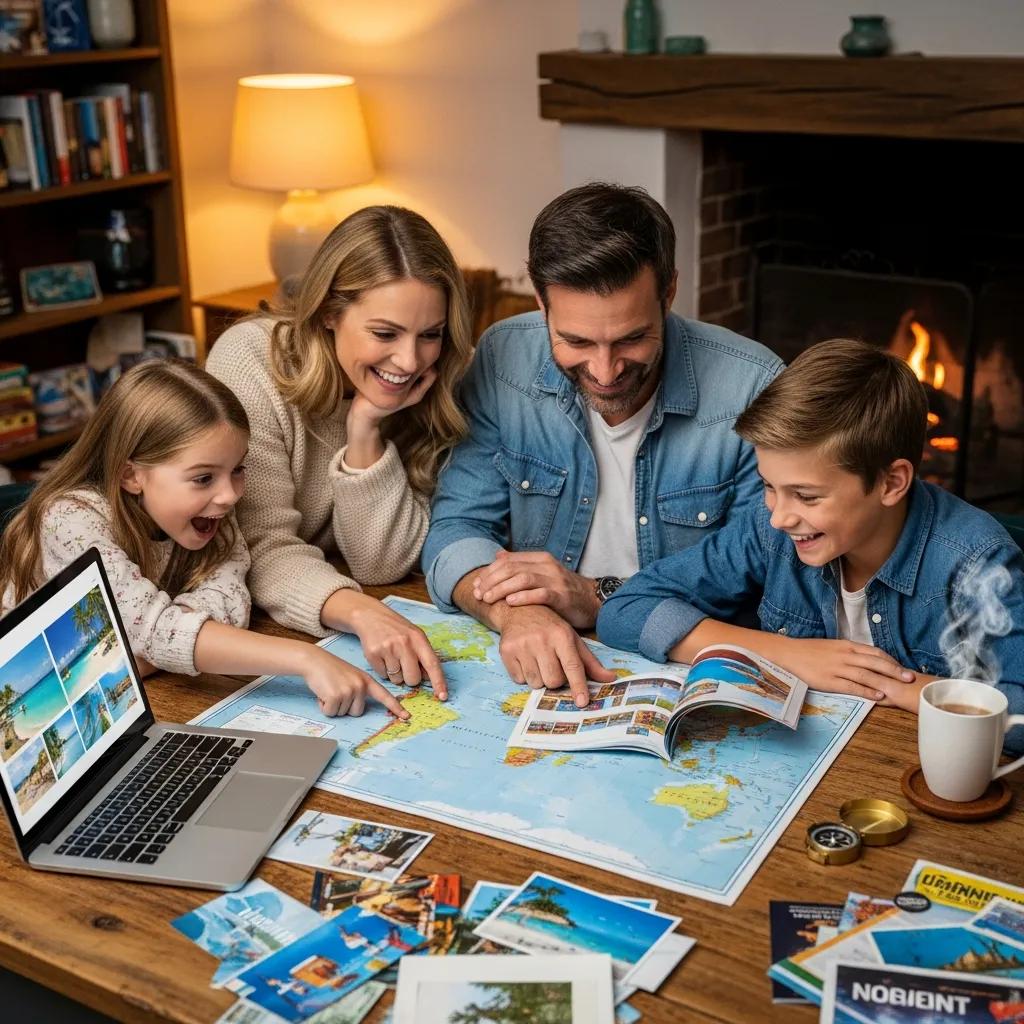 Family planning a personalized vacation with travel brochures and a laptop