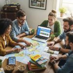 Group of travelers planning a vacation with maps and a laptop