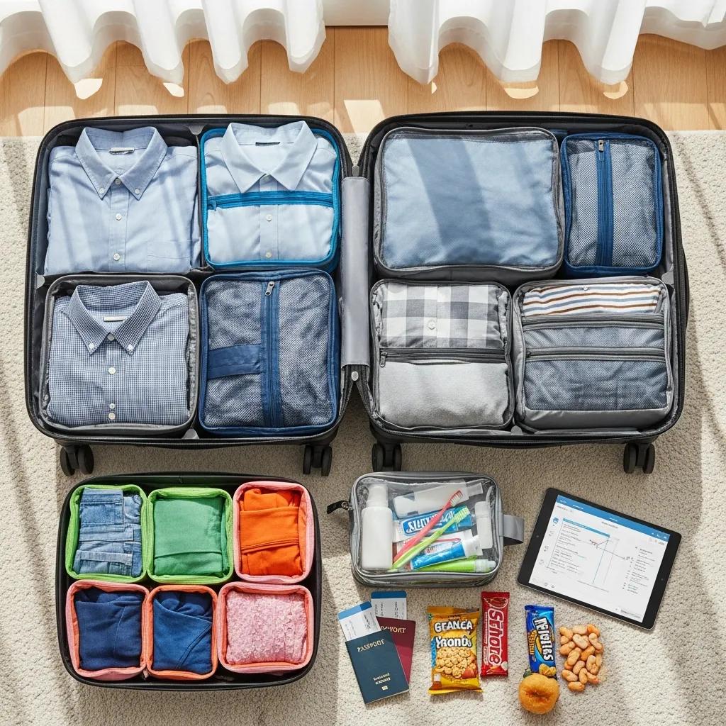 Organized packing scene for a family trip, highlighting packing tips
